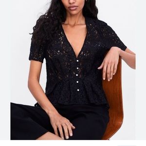 Zara black lace peplum top with rhinestone faux buttons Size Large D8